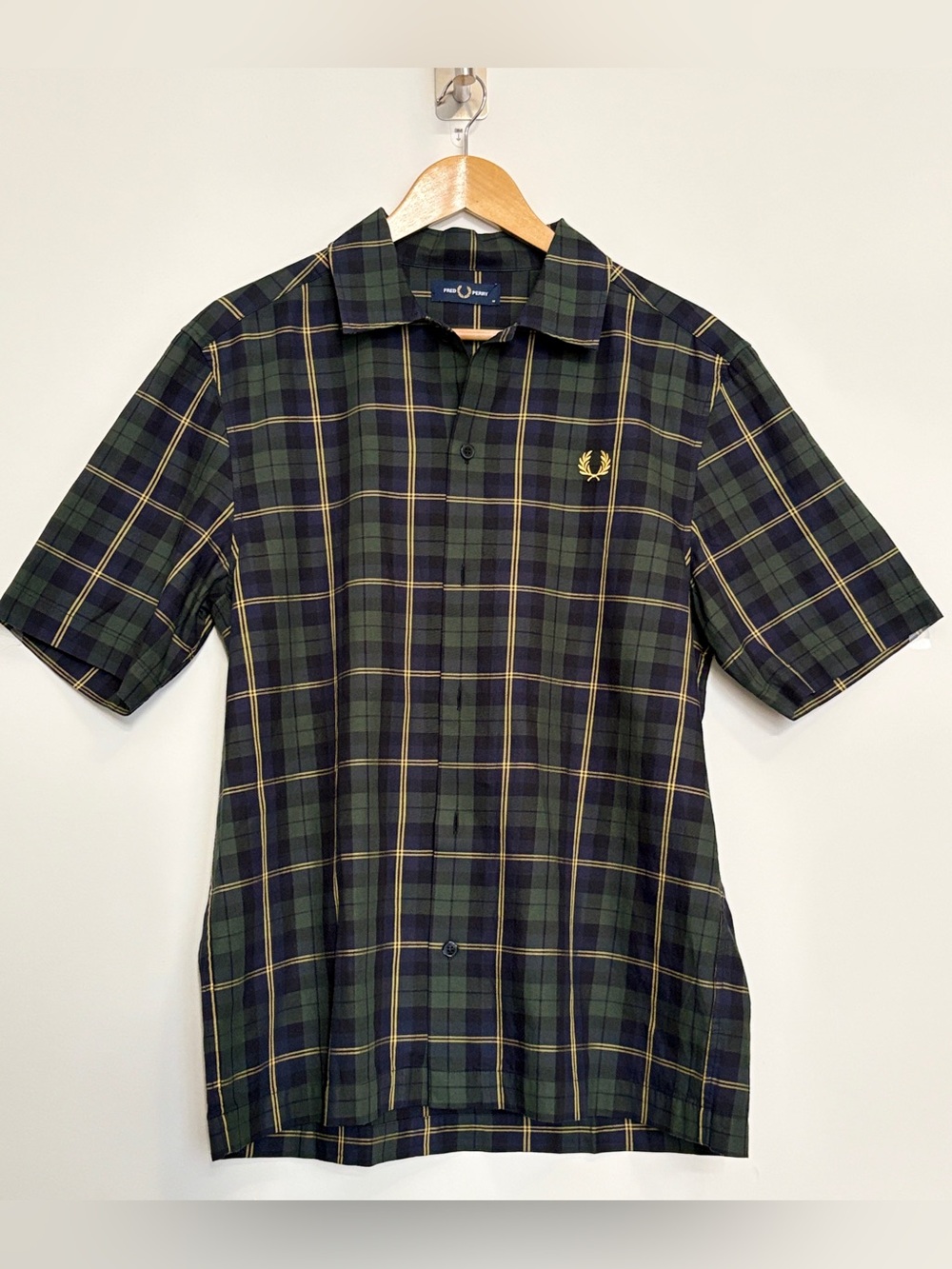 Fred Perry Green Blackwatch Tartan Twill Short Sleeve Plaid Button Up Shirt Sz M